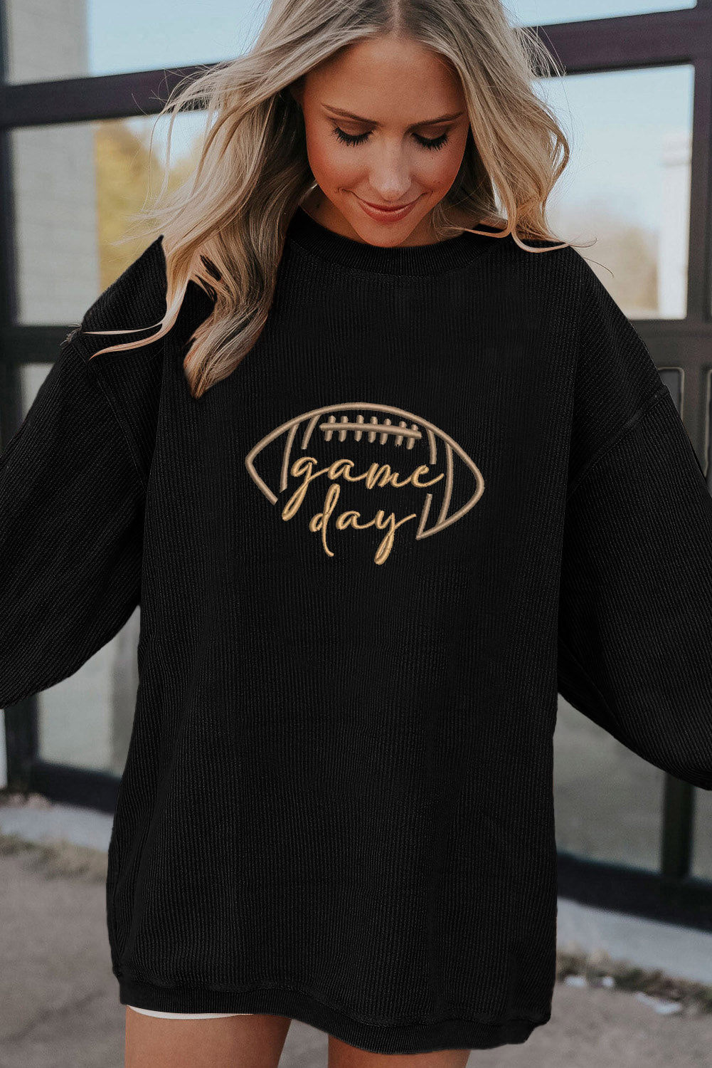 White Football Graphic Game Day Embroidered Corded Sweatshirt