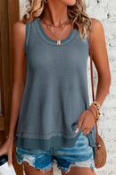 Black Scoop Neck Waffle Knit Splicing Flowy Vest