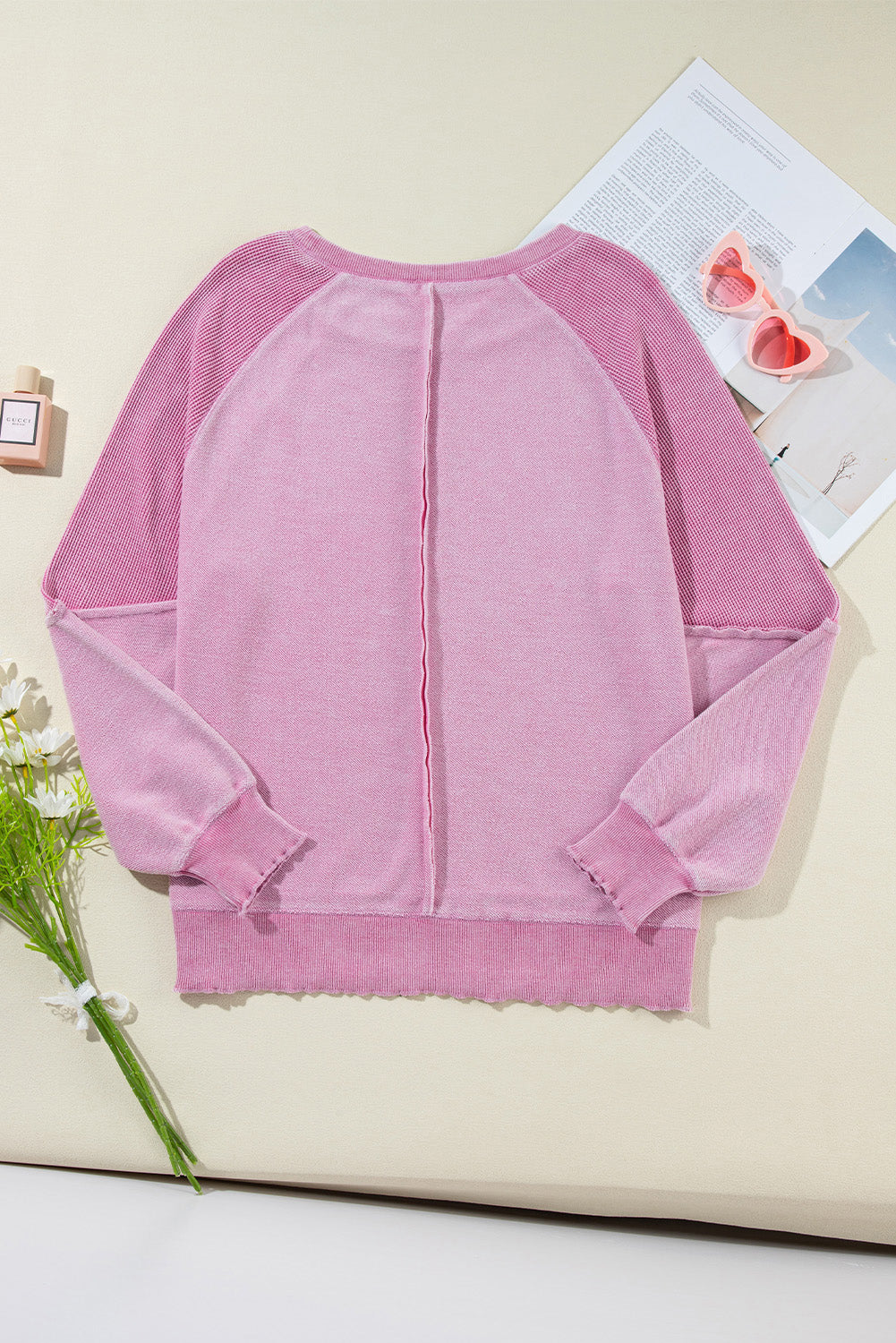 Orchid Petal Waffle Patchwork Raglan Sleeve Exposed Seam Sweatshirt