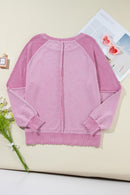 Orchid Petal Waffle Patchwork Raglan Sleeve Exposed Seam Sweatshirt