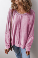 Orchid Petal Waffle Patchwork Raglan Sleeve Exposed Seam Sweatshirt