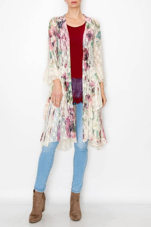 Origami Apparel ~  Lace and Crochet inspired - Boho Inspired Lace Duster With Bell Sleeves - U052 BIG ROSE