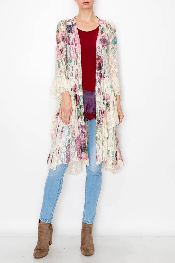 Origami Apparel ~  Lace and Crochet inspired - Boho Inspired Lace Duster With Bell Sleeves - U052 BIG ROSE