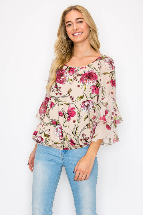 Perseption - Scoop Neck Double Ruffle Flounce Sleeve Blouse