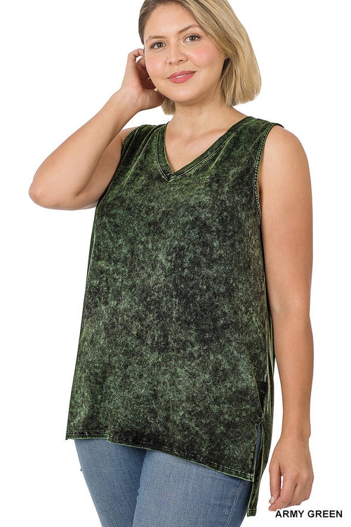 42POPS - ,,,,....SI-22151 Plus size Mineral Wash Top w/ Side Slit