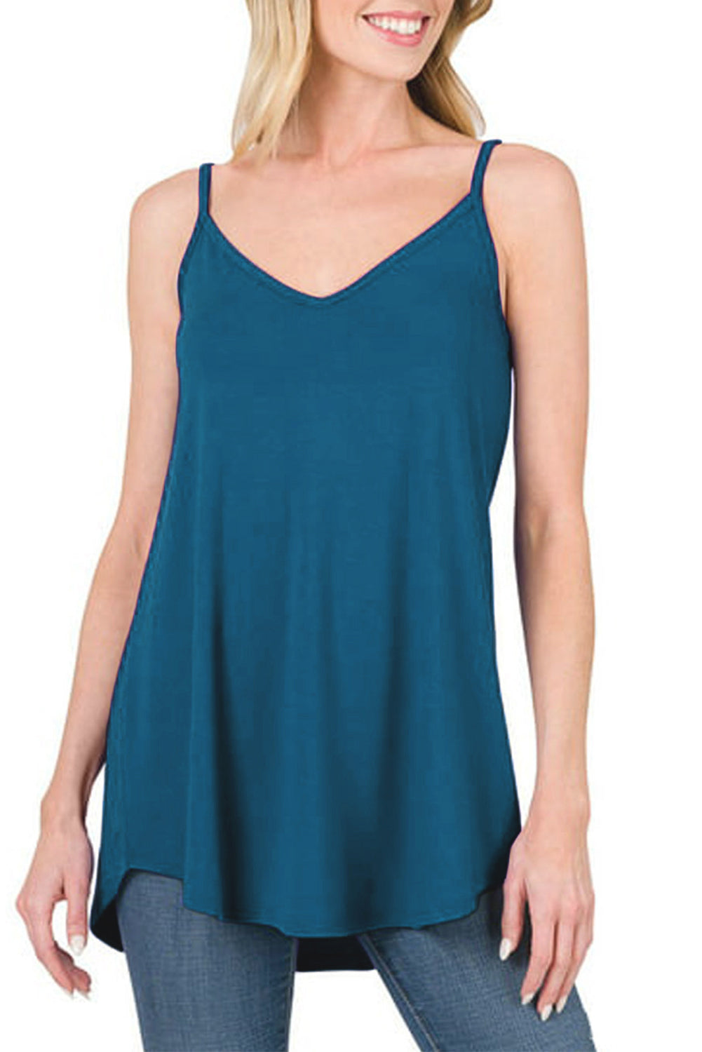 Blue Spaghetti Strap V Neck Flowy Tunic Cami Top