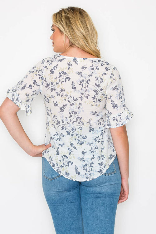 Perseption - V Neck Button Down Ruffle Short Sleeve Shirt