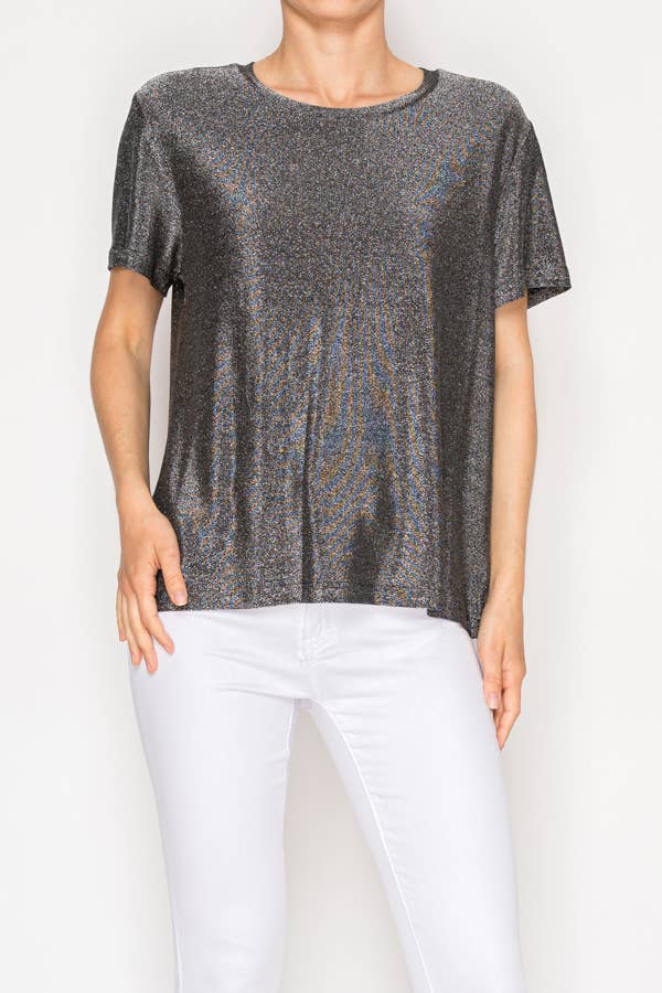 Origami Apparel ~  Lace and Crochet inspired - SUBTLY SPARKLY LUREX FABRIC SHORT SLEEVE TUNIC TOP4874BK-SIL