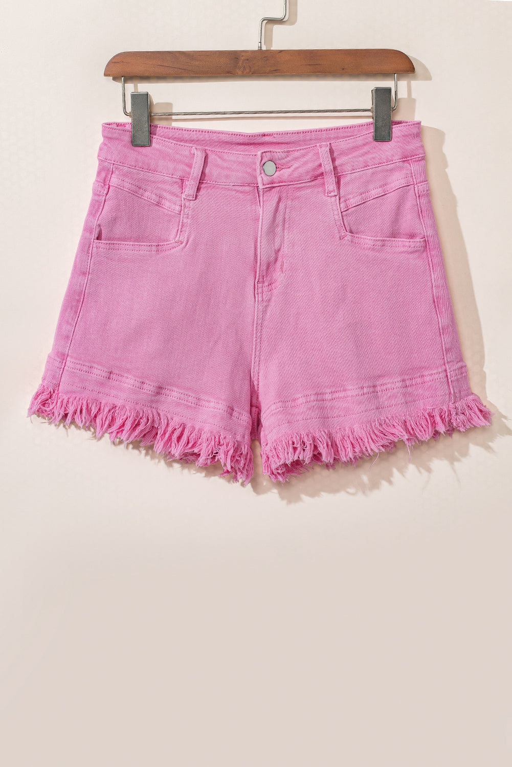 Pink Casual Raw Hem Mid Rise Denim Shorts