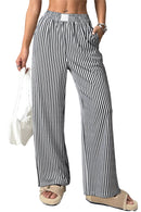 Black Striped Elastic Waistband Pocketed Loose Pants