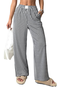 Black Striped Elastic Waistband Pocketed Loose Pants