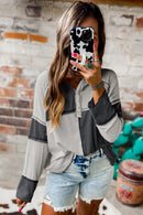 Gray Exposed Seam Ribbed Henley Hooded Long Sleeve Top