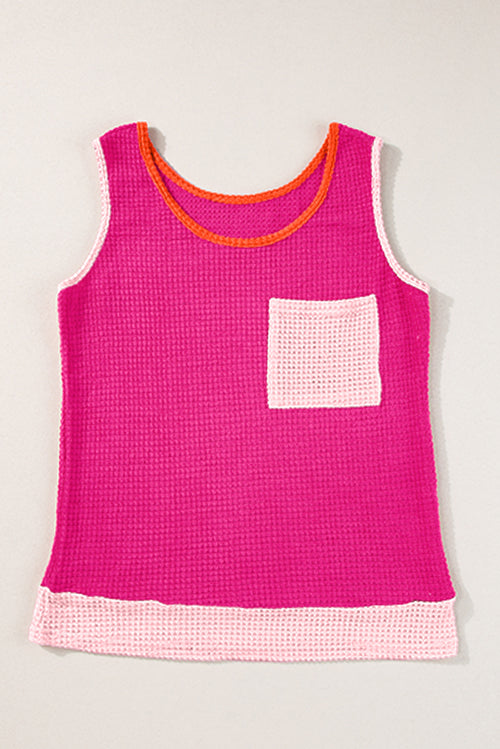 Rose Red Color Block Patched Pocket Waffle Knit Tank Top