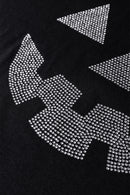 Black Halloween Rhinestone Pumpkin Contrast Ribbed Patchwork Top
