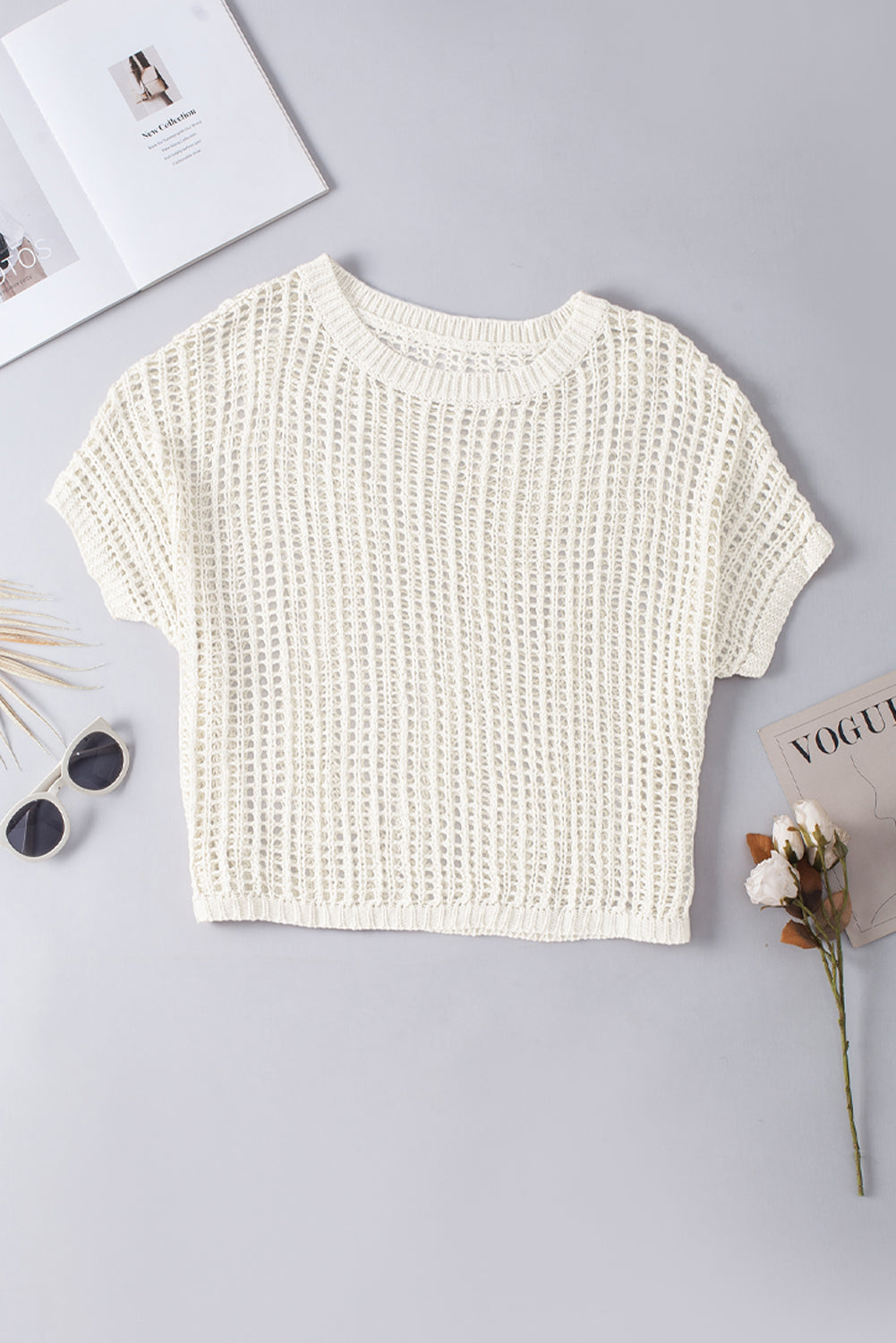 Apricot Fishnet Knit Ribbed Round Neck Short Sleeve Tee