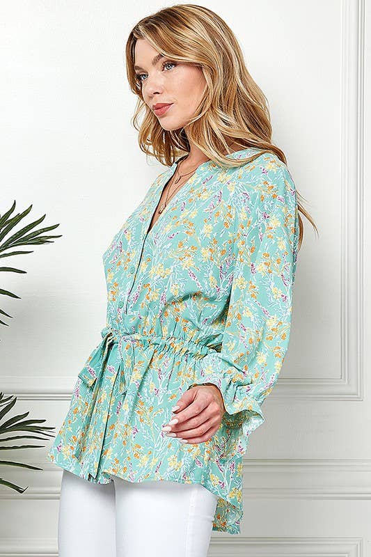 Shopin LA - CSP9143. - WOMEN MULTI COLOR RUFFLE DRAWSTRING BUTTON TOP