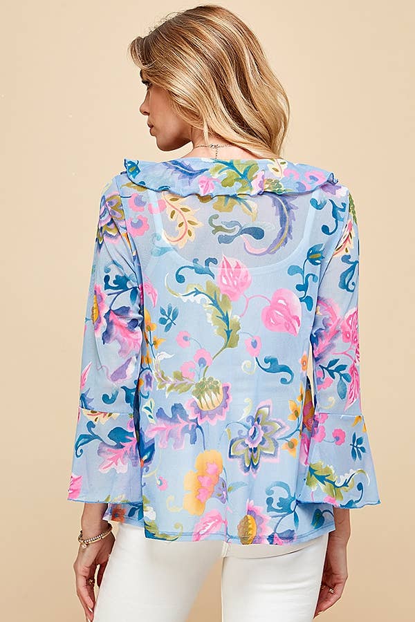 Shopin LA - .ST4069 - WOMEN MESH FLORAL TIE FRONT BELL SLEEVE TOP