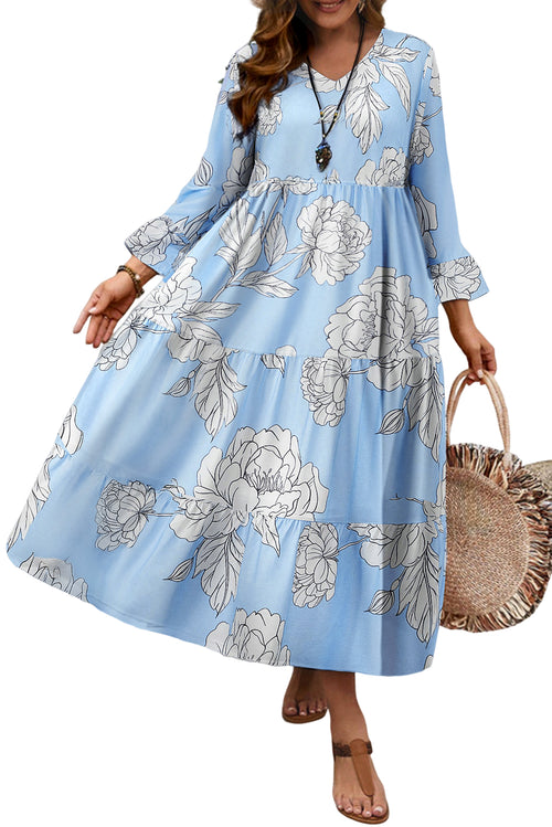 Sky Blue Floral Bell Sleeve V Neck Plus Size Tiered Maxi Dress Sky Blue Floral Bell Sleeve V Neck Plus Size Tiered Maxi Dress