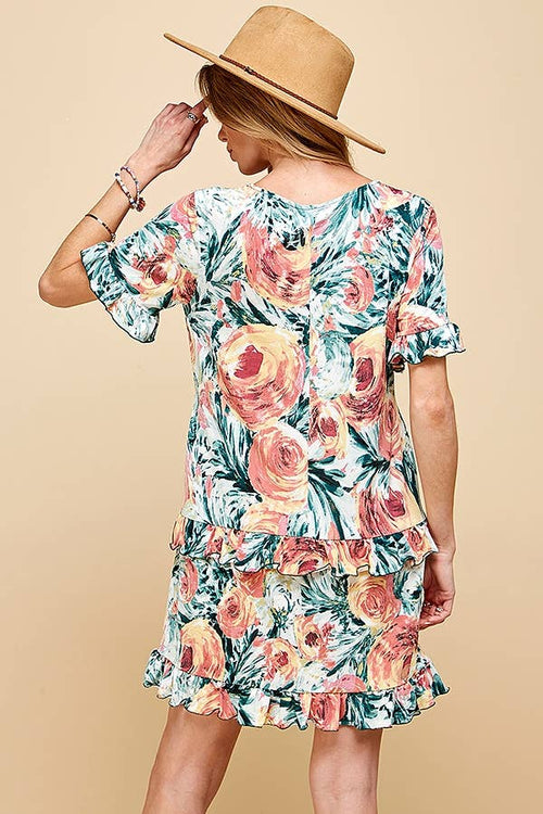 Shopin LA - .SD21025-1011 WOMEN FLORAL SHORT SLV MIDI DRESS WITH RUFFLE