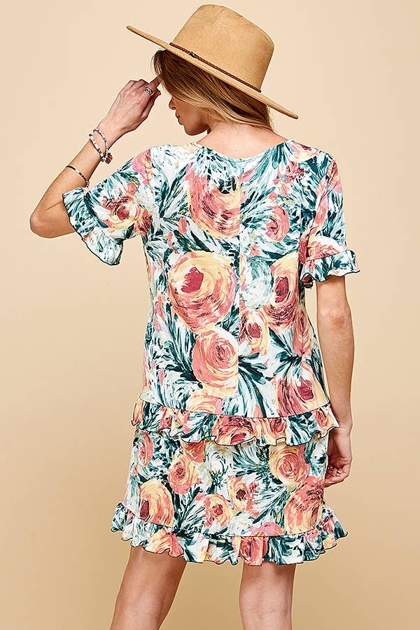 Shopin LA - .SD21025-1011 WOMEN FLORAL SHORT SLV MIDI DRESS WITH RUFFLE