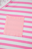 Pink Stripe Colorblock Patched Pocket V Neck Plus Size Tee
