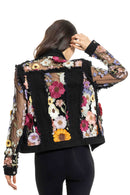 Adore Floral Embroidered Sheer Sleeve Black Denim Jacket 2406B