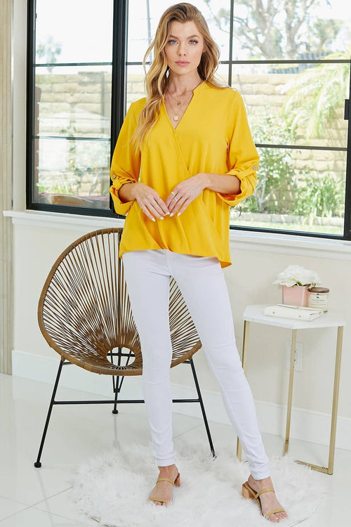Shopin LA - SP4732T-24926- WOMEN SOLID WRAP CROSSOVER BLOUSE