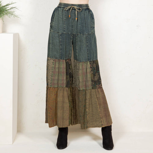 Young Threads - Boho chic Tiered Patch Inserted Denim &Knit Pants(New Color)