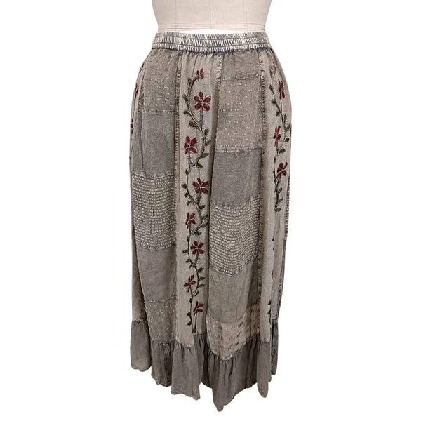 Young Threads - Women Patchwork Embroidered Grey Maxi Skirt With Side Pockets