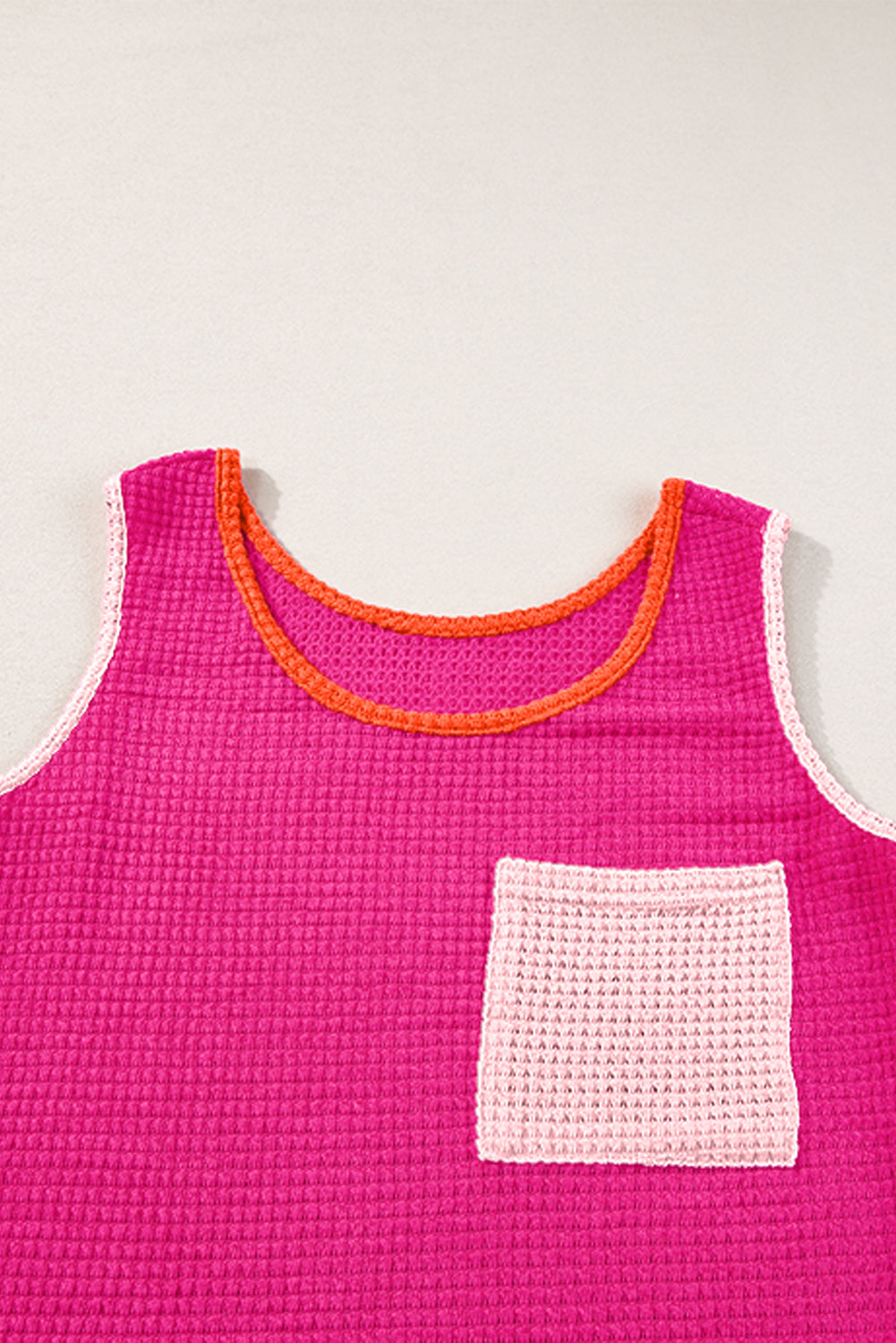 Rose Red Color Block Patched Pocket Waffle Knit Tank Top