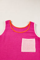 Rose Red Color Block Patched Pocket Waffle Knit Tank Top