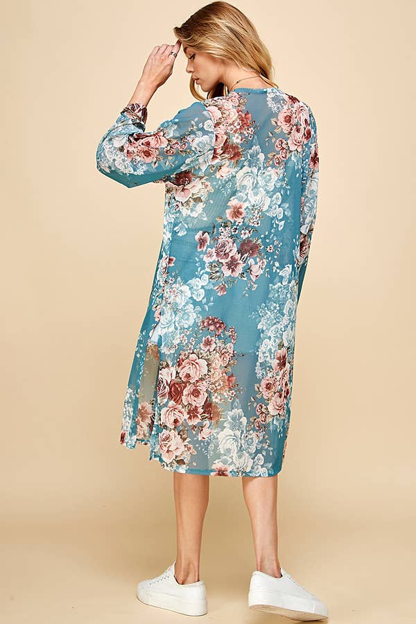 Shopin LA - SG21050AP - PLUS FLORAL PRINT MESH KIMONO WITH SIDE SLIT