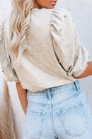 Black Rhinestone Pearl Puff Sleeve Plain T Shirt
