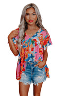 Sky Blue Boho Abstract Print V Neck Flutter Sleeve Blouse