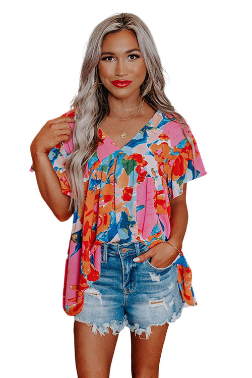 Sky Blue Boho Abstract Print V Neck Flutter Sleeve Blouse