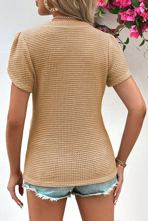 White Tulip Sleeve Waffle Knit V Neck T-Shirt