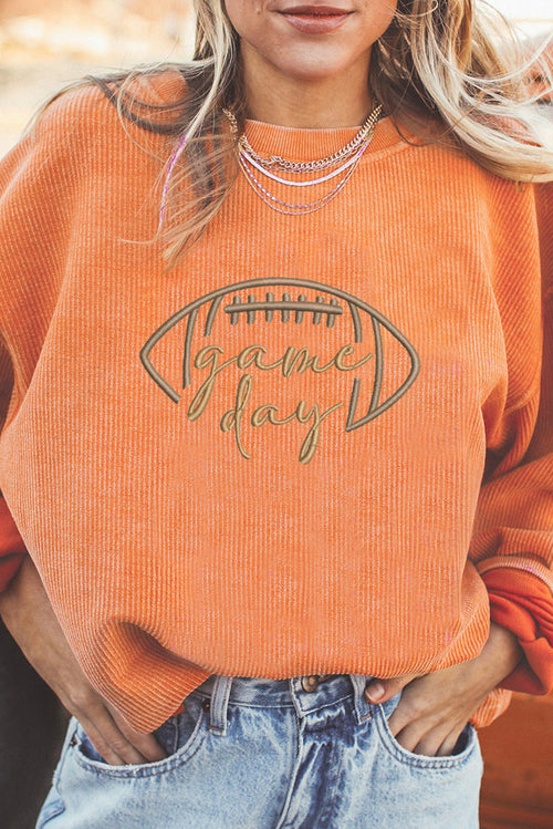 White Football Graphic Game Day Embroidered Corded Sweatshirt