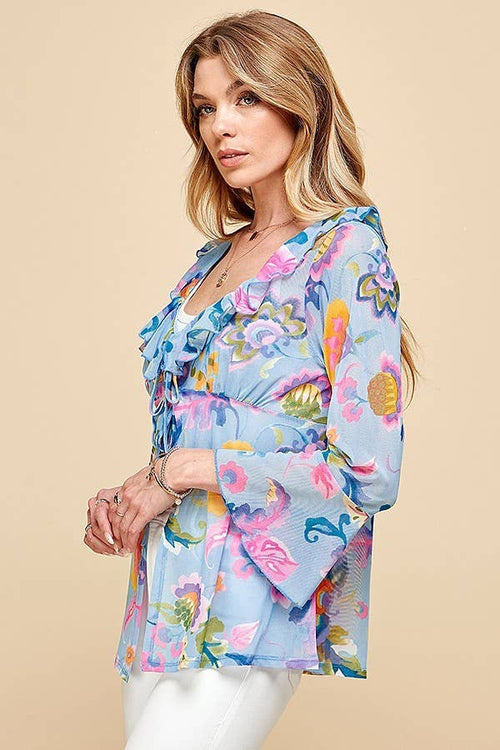 Shopin LA - .ST4069 - WOMEN MESH FLORAL TIE FRONT BELL SLEEVE TOP