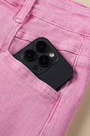 Pink Casual Raw Hem Mid Rise Denim Shorts