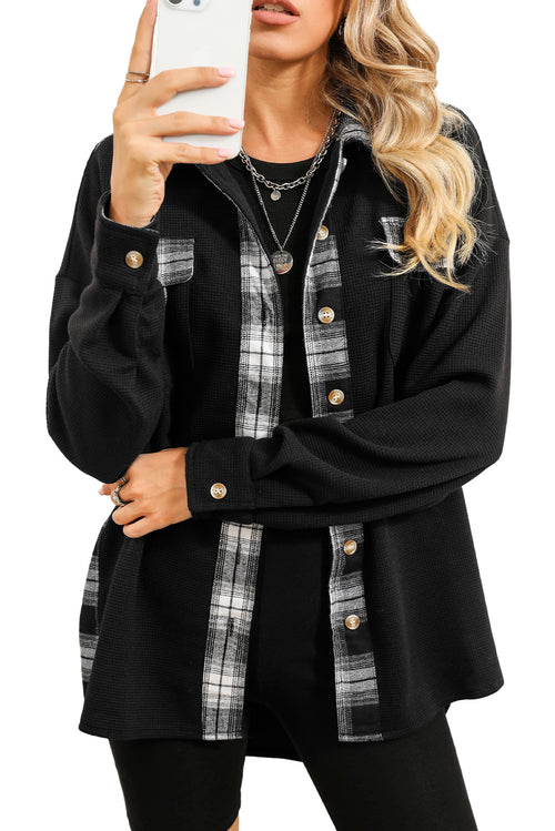 Apricot Plaid and Thermal Waffle Patchwork Shacket
