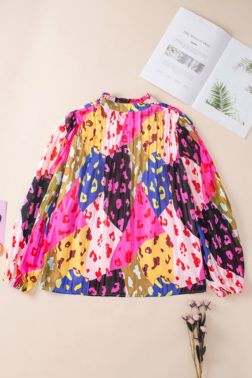 Orange Leopard Print Puff Sleeve Crinkle Blouse