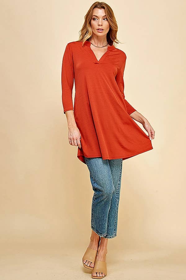 Shopin LA - Q2019D- WOMEN SOLID 3/4 SLEEVE MOCK V NECK TUNIC DRESS