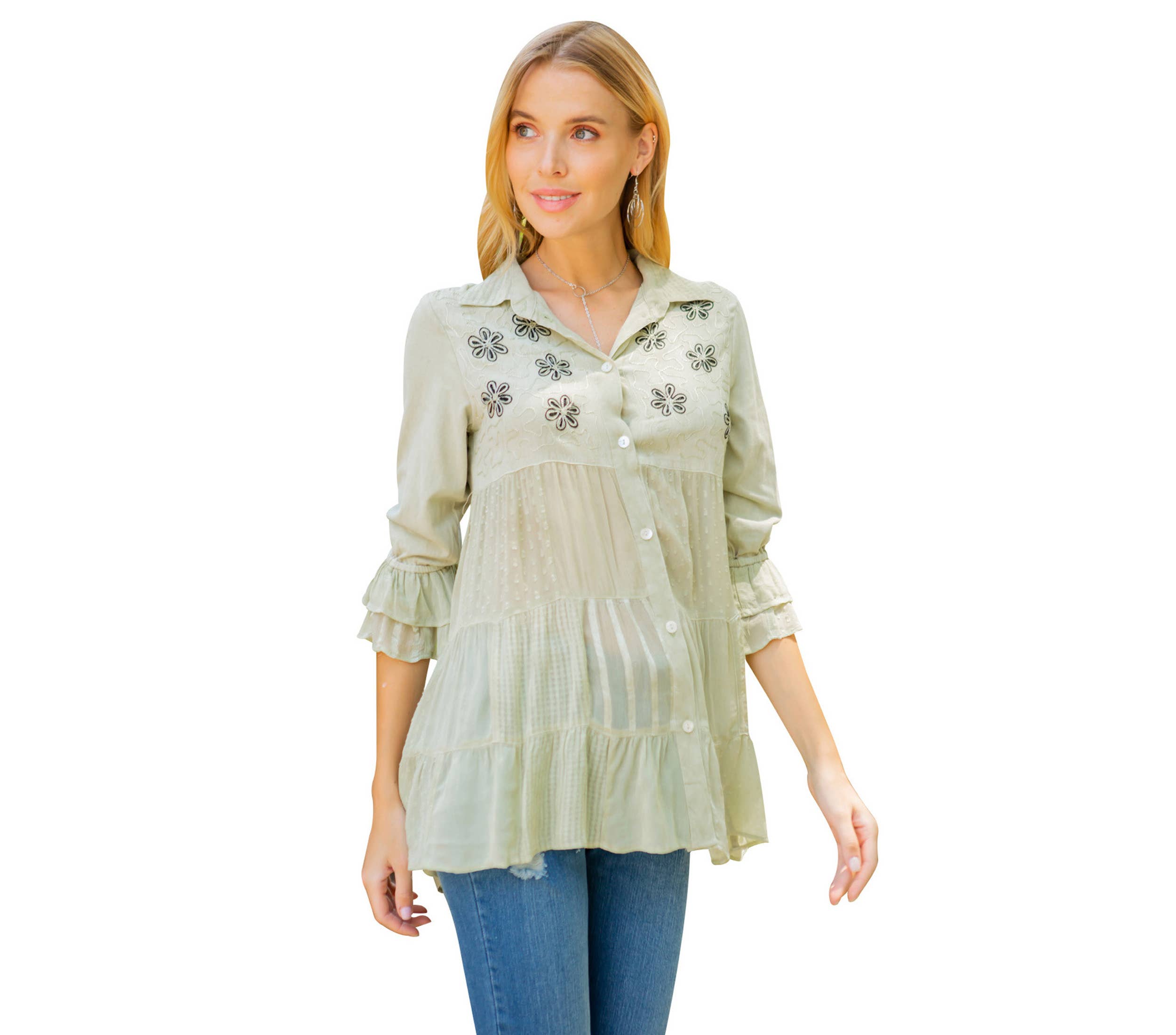 Young Threads - Women’s Mexican Embroidery Blouse - Gathered Waist Shirt