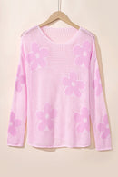 Light Grey 60s Flower Drop Shoulder Hollow Knit Top
