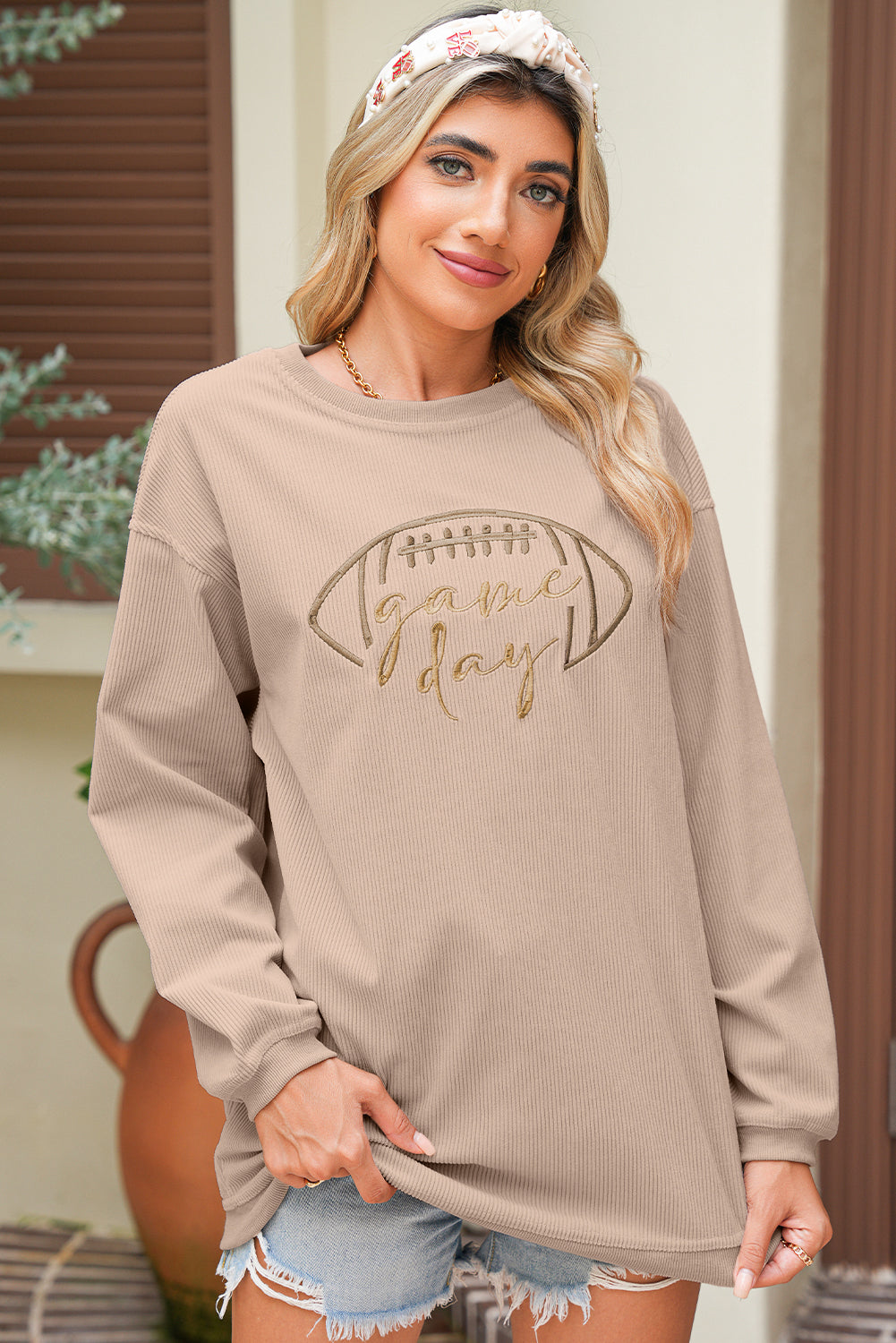 White Football Graphic Game Day Embroidered Corded Sweatshirt