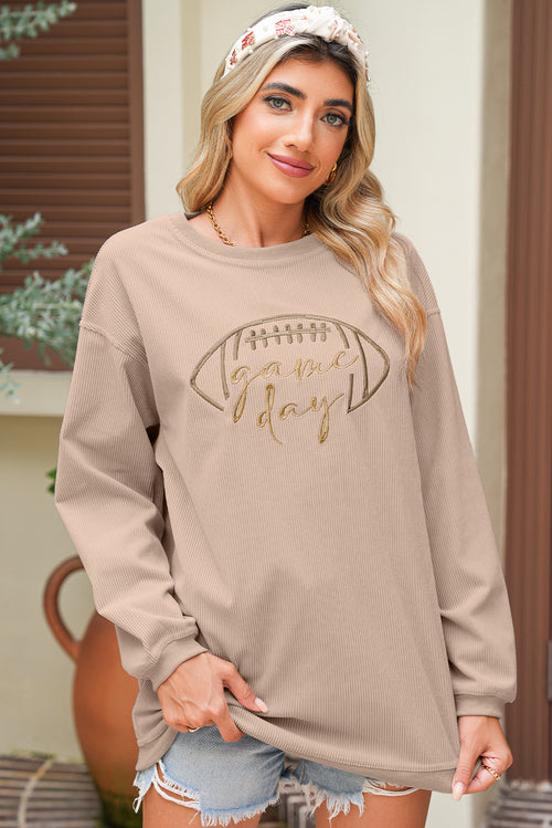 White Football Graphic Game Day Embroidered Corded Sweatshirt