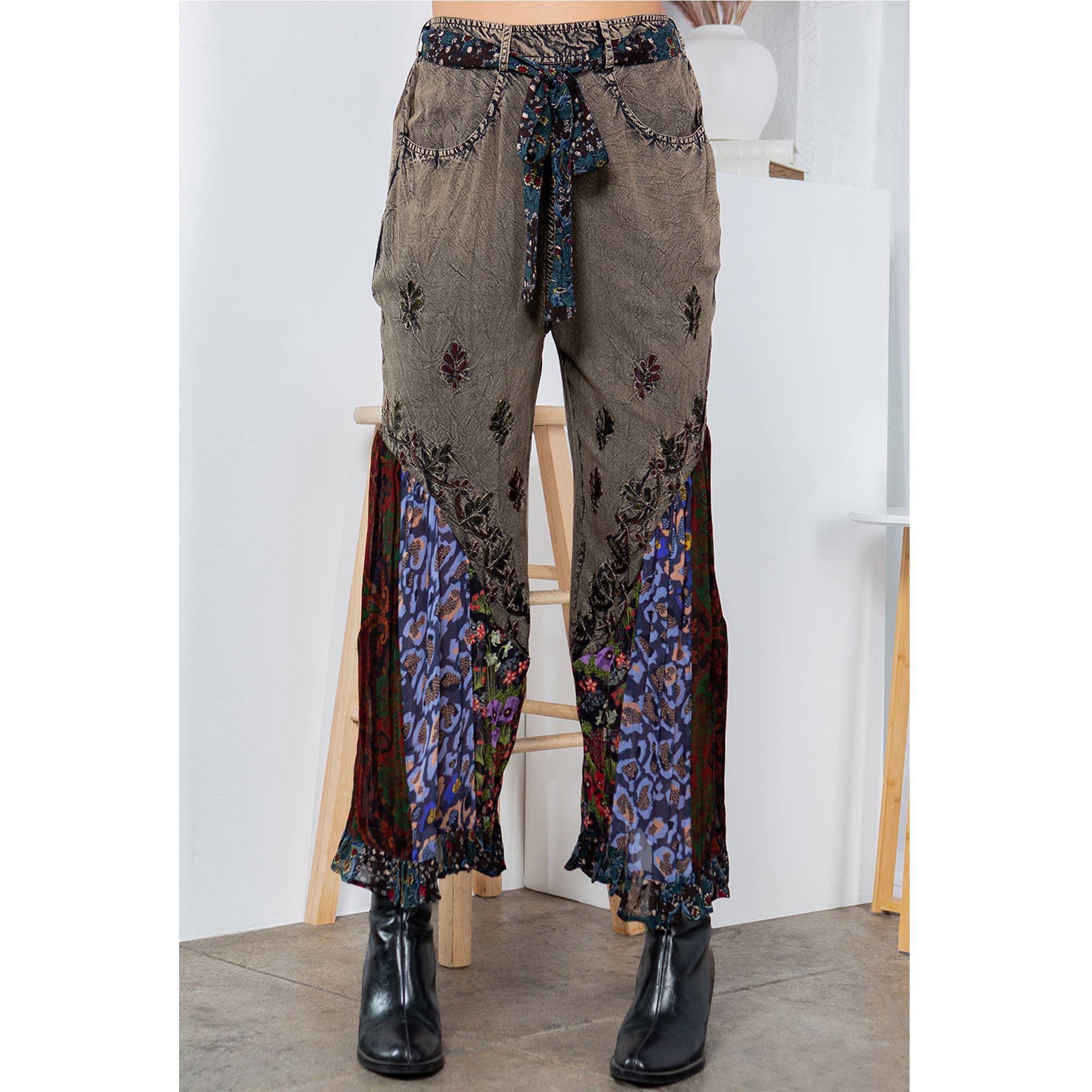 Young Threads - Boho Overdyed Rayon Bellbottom Pants : Gravel / PLUS (XL-1X-2X-3X 1-2-2-1)