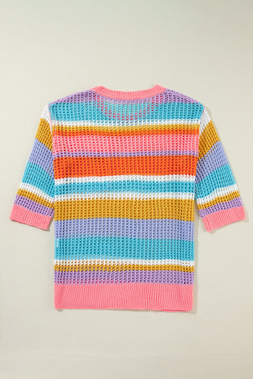 Pink Striped Color Block Hollow Crochet 3/4 Sleeve T Shirt