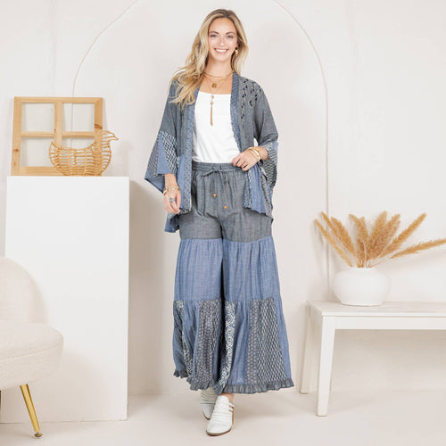 Young Threads - Boho Glam Set: Embroidered Kimono & Printed Knit Pants