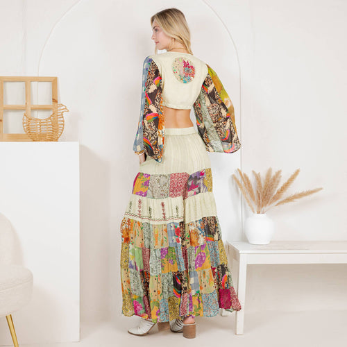 Young Threads - Bohemian Patchwork Set: Tie-Front Top & Flowing Tiered Pants